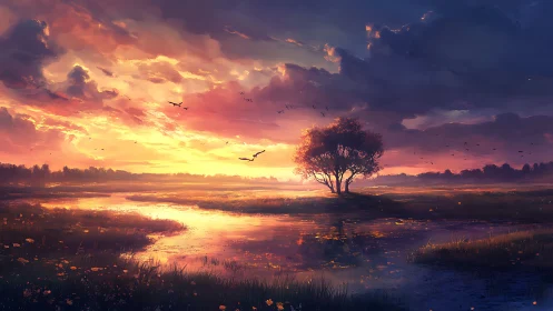 Solitary riverside tree glows under blazing sunset sky.