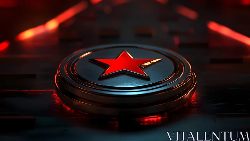 Futuristic Red Star Emblem on Metallic Surface, Sci-Fi Lighting.
