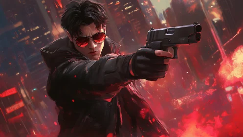 Neon gunfighter storms the crimson city night in silence.