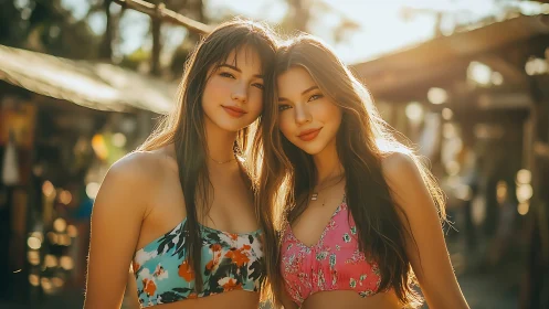 Two sunlit friends share a warm summer moment outdoors