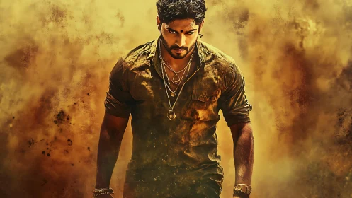 Intense warrior strides forward through swirling golden dust