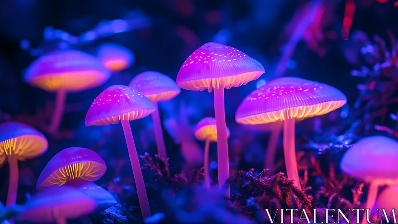 Glowing neon mushrooms in vivid blue and magenta forest