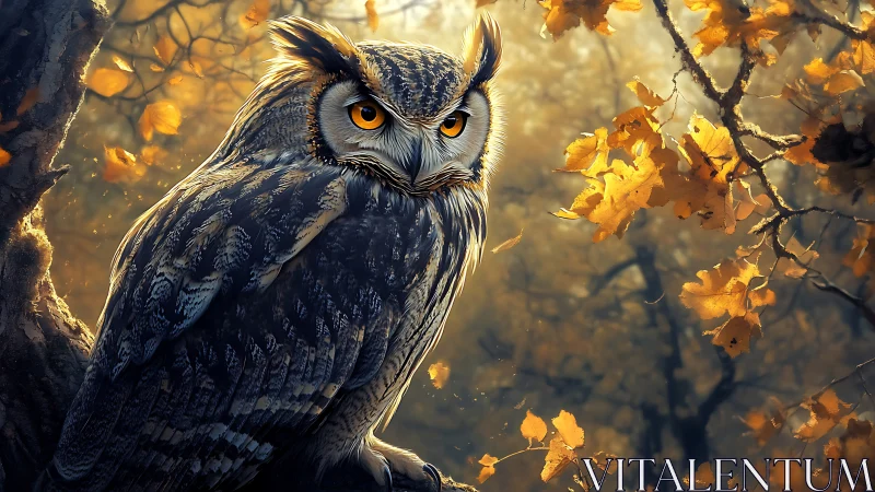 Majestic owl perched in autumn forest, digital art style scene.