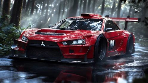 Aerodynamic widebody Mitsubishi race car rendered in wet forest