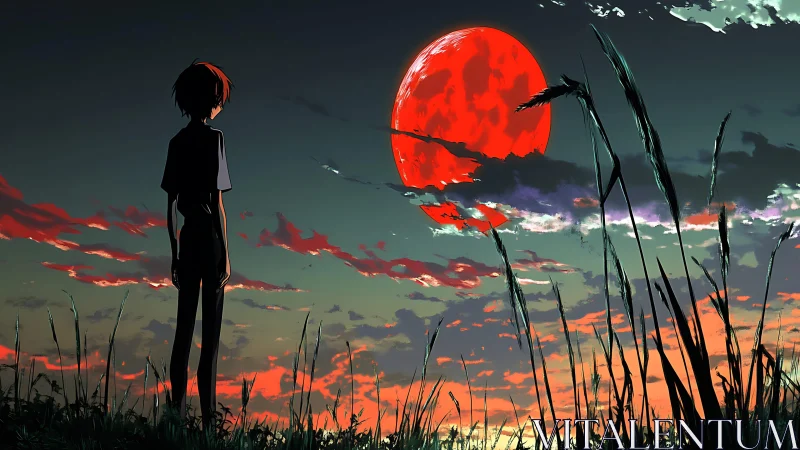 Silhouetted youth surveys a crimson moon over stylized dusk sky