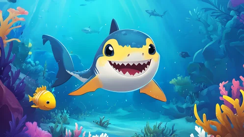 Cartoon baby shark swimming in bright coral reef scene.