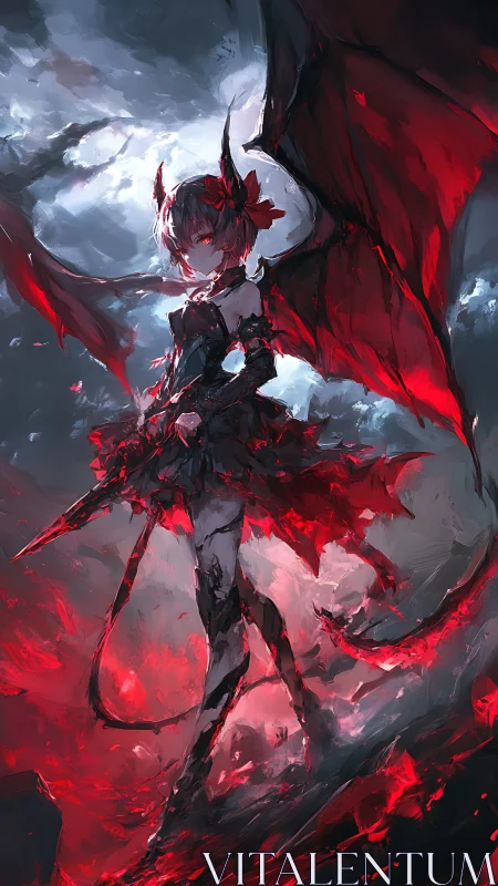 Winged demonic humanoid in red-black environment at dusk.