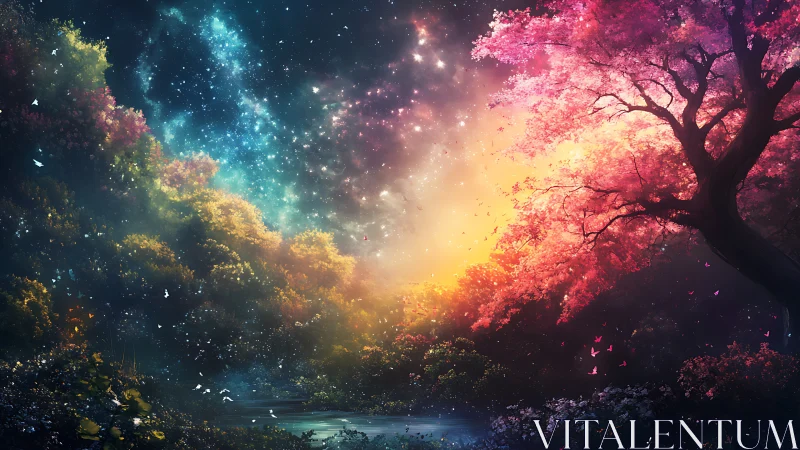 Enchanted starlit grove glowing beneath a radiant pink tree.