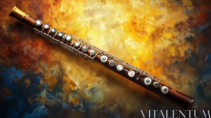 Wooden concert flute glows against swirling golden canvas.