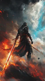 Armored warrior with flaming sword amid stormfire rift