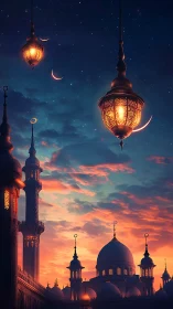 Lantern moons drift above a twilight mosque of glowing domes