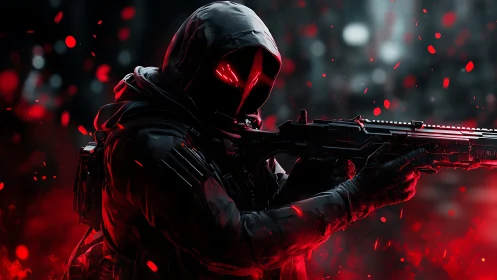 Hooded armed figure holds rifle amid red digital particles