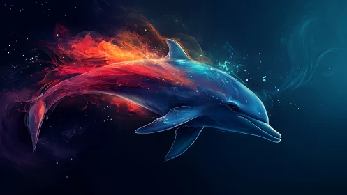 Neon dolphin glides through cosmic ocean of fire and light.