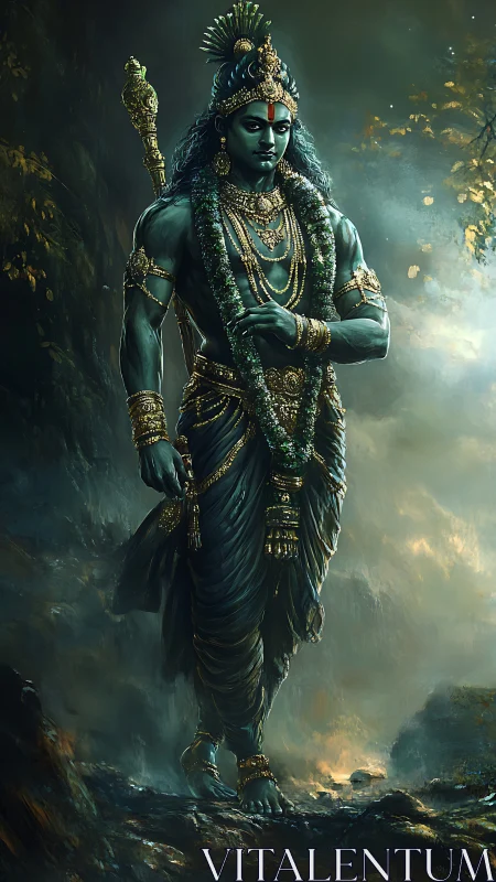 Divine warrior deity in forest with ornate golden adornments.