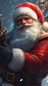 Santa Claus smiles in a snowy, cinematic Christmas portrait.