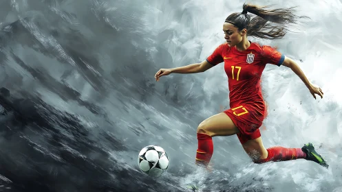 Dynamic female footballer sprinting through painted storm field.