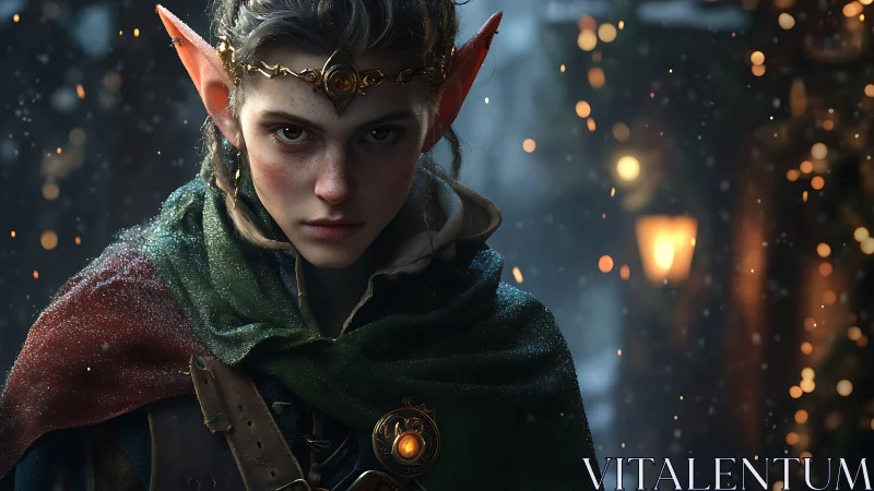 Focused elf adventurer in snowy lantern lit fantasy street.