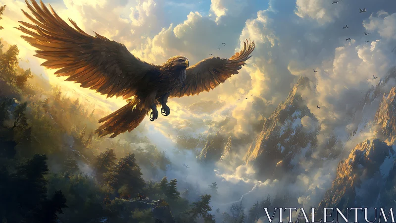 Golden eagle soaring above sunlit alpine valley in mist