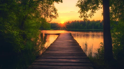 Wooden lake pier under glowing forest sunset light.