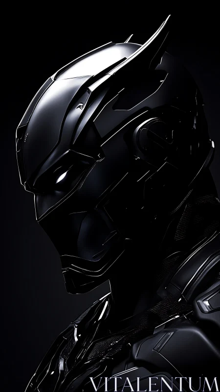 Stealth cyber armor helmet in glossy monochrome profile.