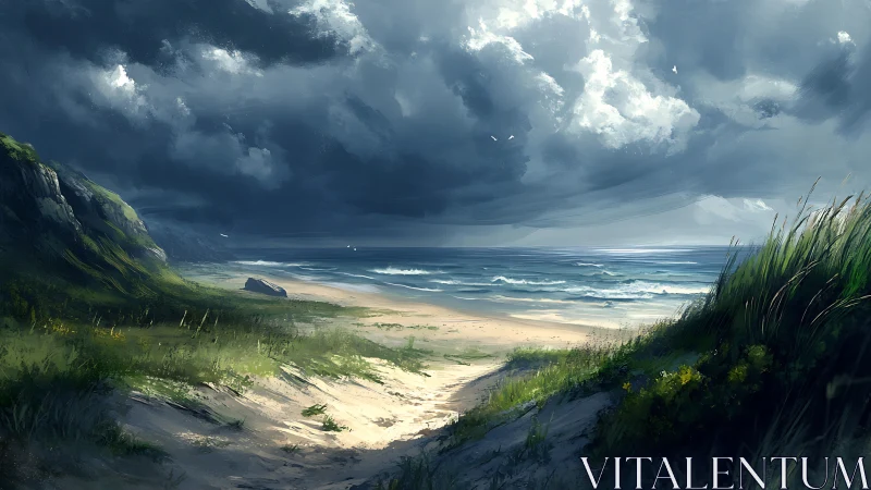 Stormlit coastal dunes with turbulent sea and brooding sky.