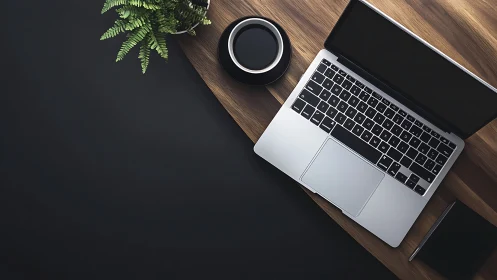 Laptop on wooden desk with coffee cup and plant overhead.