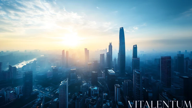 Sunrise light washes a modern city skyline in soft blue haze