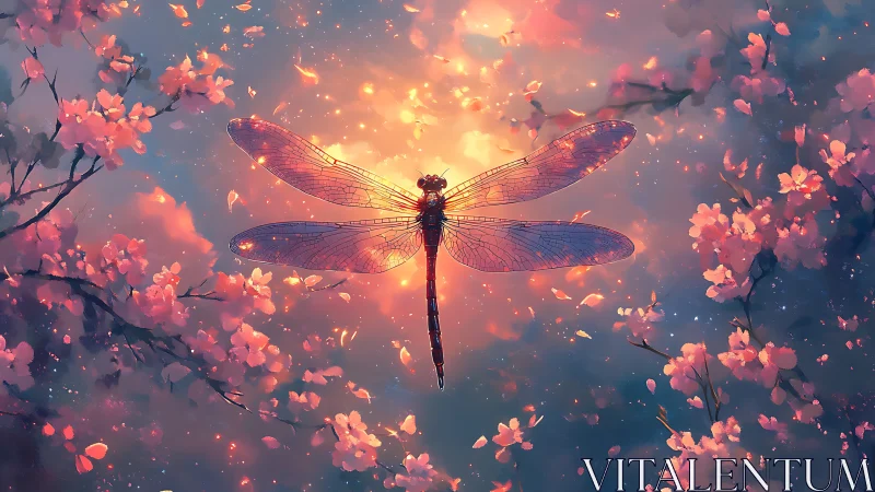 Dragonfly silhouette intersects luminous bokeh among blossoms