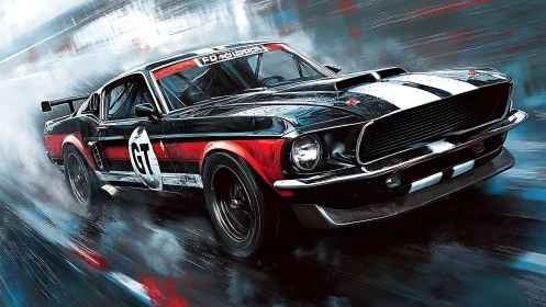 Digital muscle race car rendering depicts forward motion