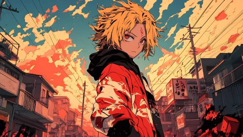Blond anime youth walks tense urban street at burning sunset