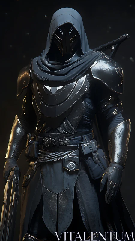 Hooded sci fi sentinel in reflective stealth armor.