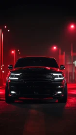 Black performance SUV under red neon night street lights.
