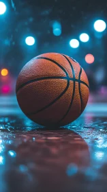 Night-lit basketball waits quietly on a glossy wet court