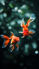 Two orange goldfish swim in deep water with soft focus bokeh