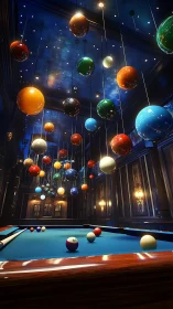 Suspended billiard spheres simulate cosmic orrery above pool table