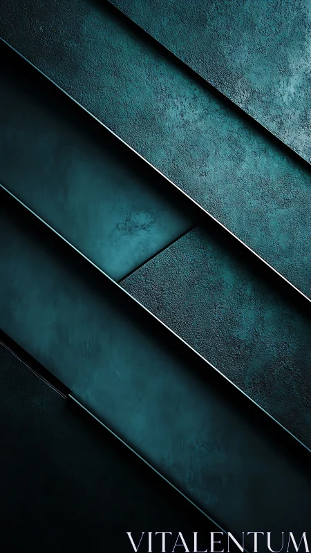 Diagonal teal metal panels create moody abstract depth.