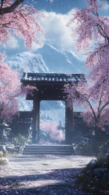 Cherry blossom gate framing alpine shrine approach path.