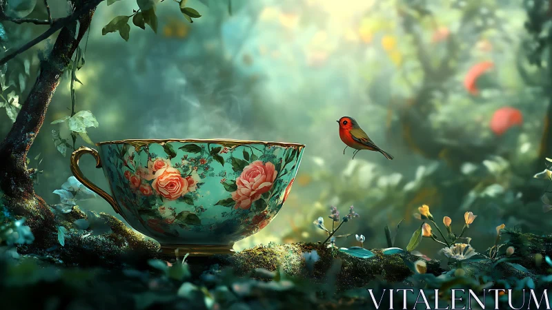 Floral teacup and small bird in softly lit woodland setting.