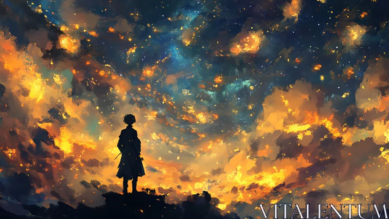 Silhouetted figure observes luminous nebular sky in painterly dusk