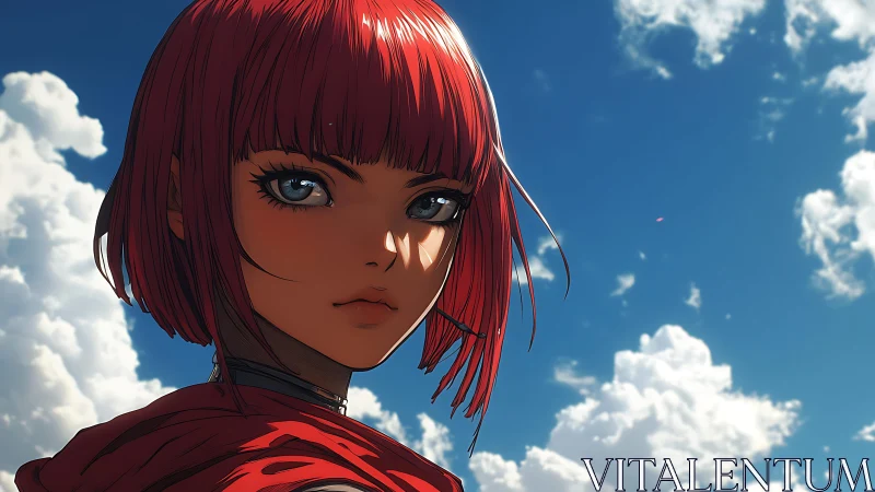 Red-haired anime subject under cumuliform sky, high contrast.