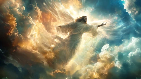 Radiant celestial figure emerges through volumetric clouds and light