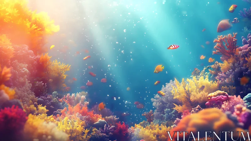 Sunlit coral kingdom where tiny reef fish wander slowly.