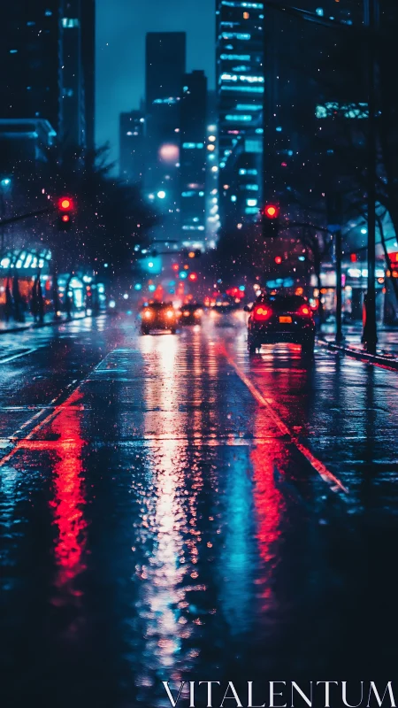 Rainy neon city street reflects car lights at night