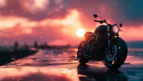 Cinematic cruiser motorcycle against reflective sunset horizon.