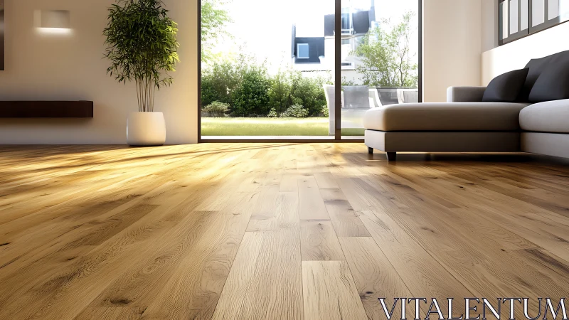 Sunlit wooden floor in a calm, cozy modern living room.