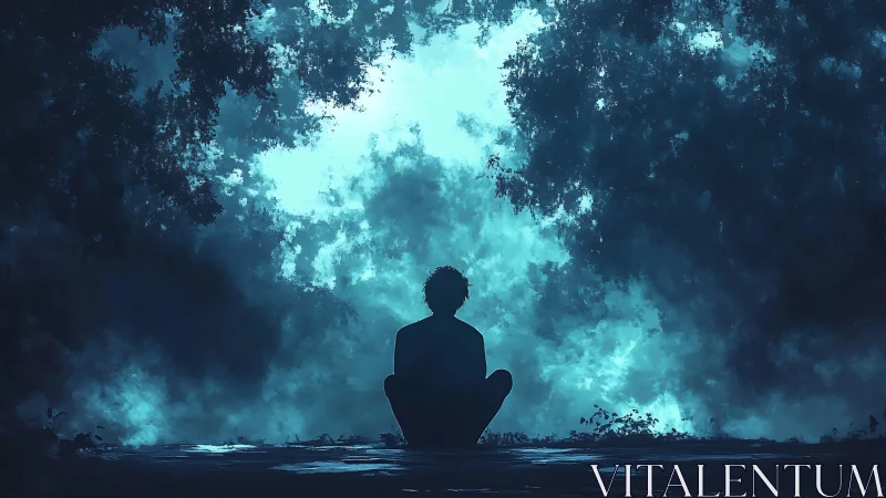 Silhouetted dreamer contemplates a glowing nocturnal sky