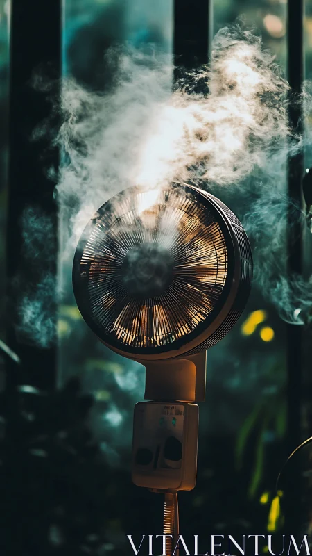Glowing electric fan wrapped in dreamy swirling mist.