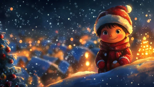 Child in Santa hat smiling in snowy Christmas village night