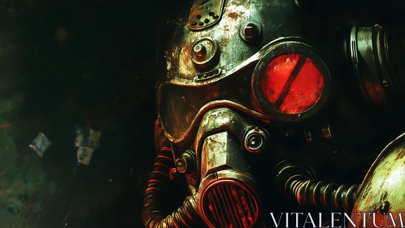 Rust-scarred gas mask helmet under crimson visor glow.
