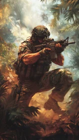 Jungle commando stalks through blazing brushstroke warfare.